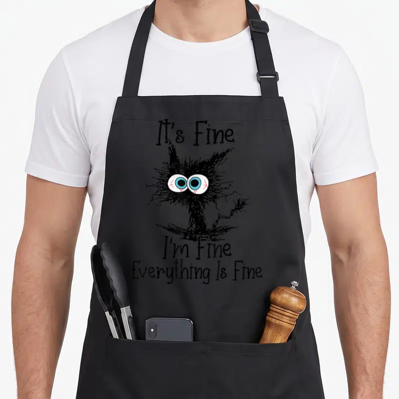 Fine cat apron for women - Black cat with bulging eyes between It's Fine text lines in line art style — shown on a black cotton canvas apron against a white background