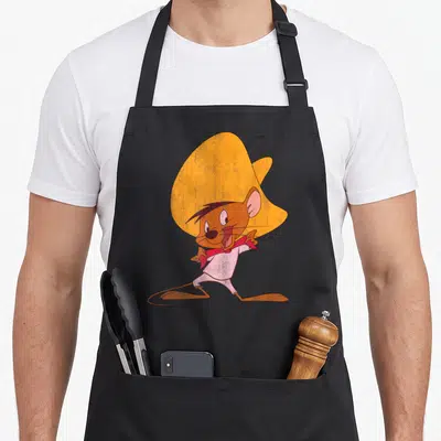 Speedy looney tune apron - Cartoon mouse in yellow sombrero and red scarf running pose — shown on a black cotton canvas apron against a white background