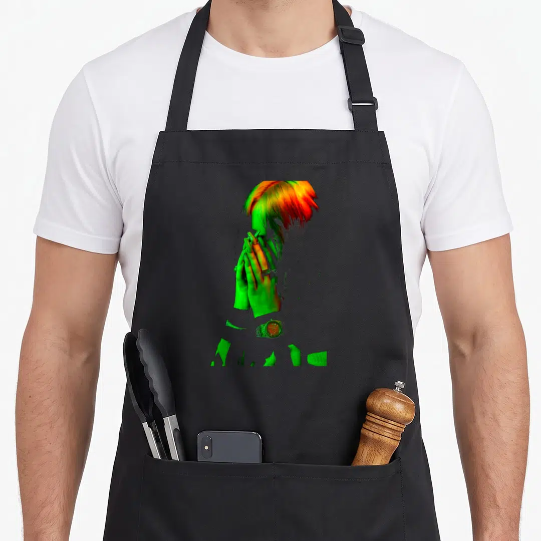 Billie face apron - Abstract heat map head and hands in green orange red photo style — shown on a black cotton canvas apron against a white background