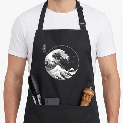Hokusai japanese wave apron - White line-art wave and mountain in circle with vertical Japanese text — shown on a black cotton canvas apron against a white background
