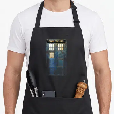 Cosplay distressed apron - Weathered blue police public box with white sign reading free for use of public — shown on a black cotton canvas apron against a white background
