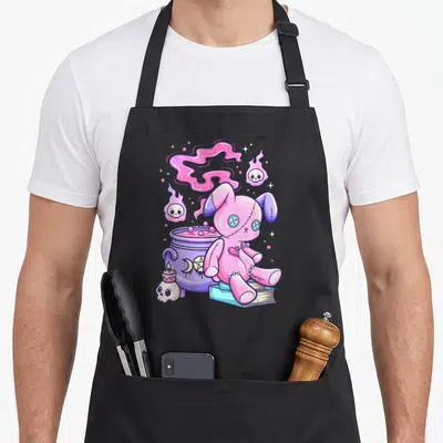 Creepy kawaii apron - Pink stitched bunny sitting on blue book near purple cauldron with pink smoke and skulls — shown on a black cotton canvas apron against a white background