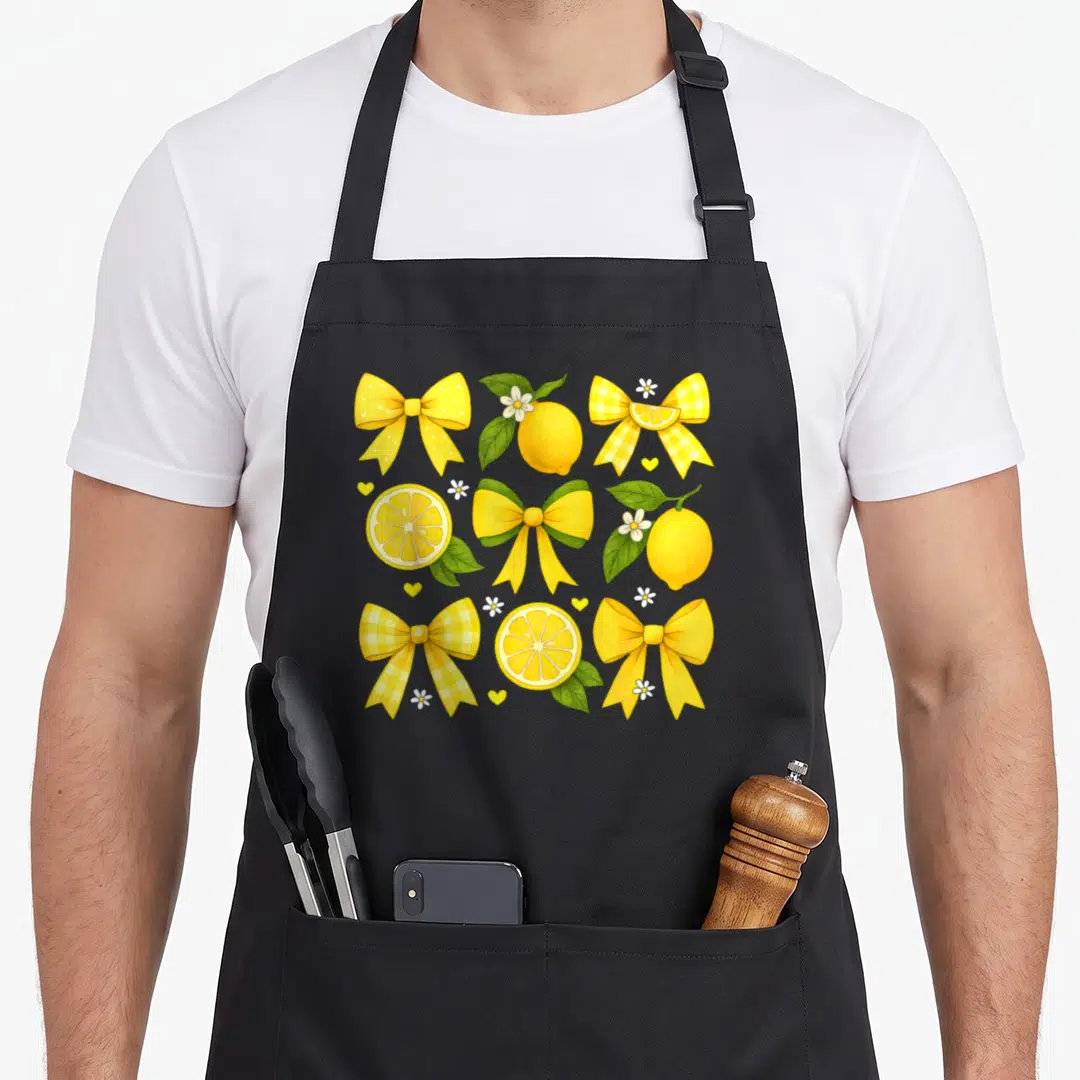 Tropical lemon apron - Yellow lemons, gingham bows, and small white flowers arranged in a cartoon grid pattern — shown on a black cotton canvas apron against a white background