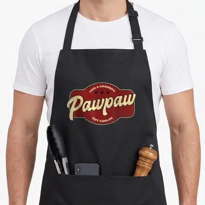 Pawpaw but grandpa apron - Red badge with Like A Grandpa Pawpaw But Cooler text and three stars — shown on a black cotton canvas apron against a white background