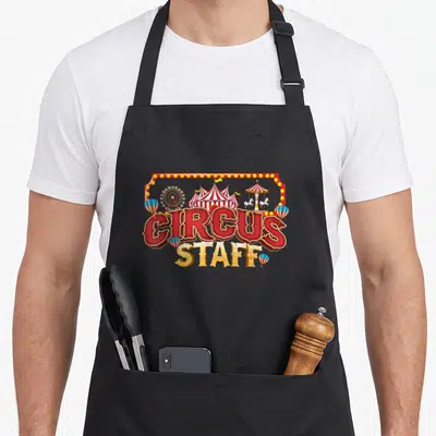 Event birthday apron - Circus staff sign with ferris wheel, striped tent, carousel, and hot air balloons in red — shown on a black cotton canvas apron against a white background