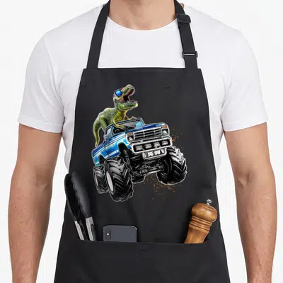 Patriotic truck apron - Green T-Rex in sunglasses on blue monster truck with USA bumper text and brown mud splatters — shown on a black cotton canvas apron against a white background