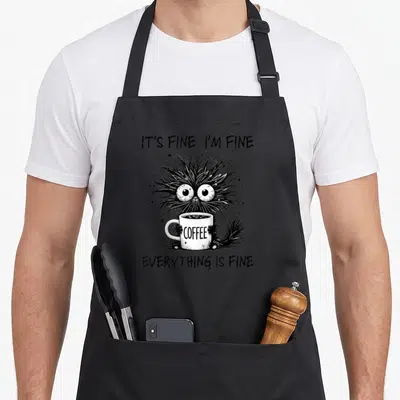 Fine m&s apron - Disheveled cartoon cat holding a coffee mug with sarcastic text in black and white — shown on a black cotton canvas apron against a white background