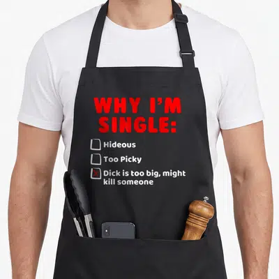 Hideous single apron - Red and white text listing reasons for being single next to three checkboxes with a red cross — shown on a black cotton canvas apron against a white background