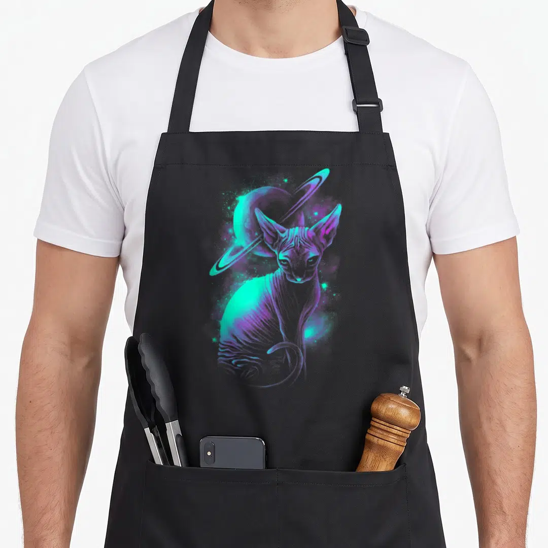 Saturn space cat apron - Realistic hairless cat and ringed planet in cyan purple blue — shown on a black cotton canvas apron against a white background