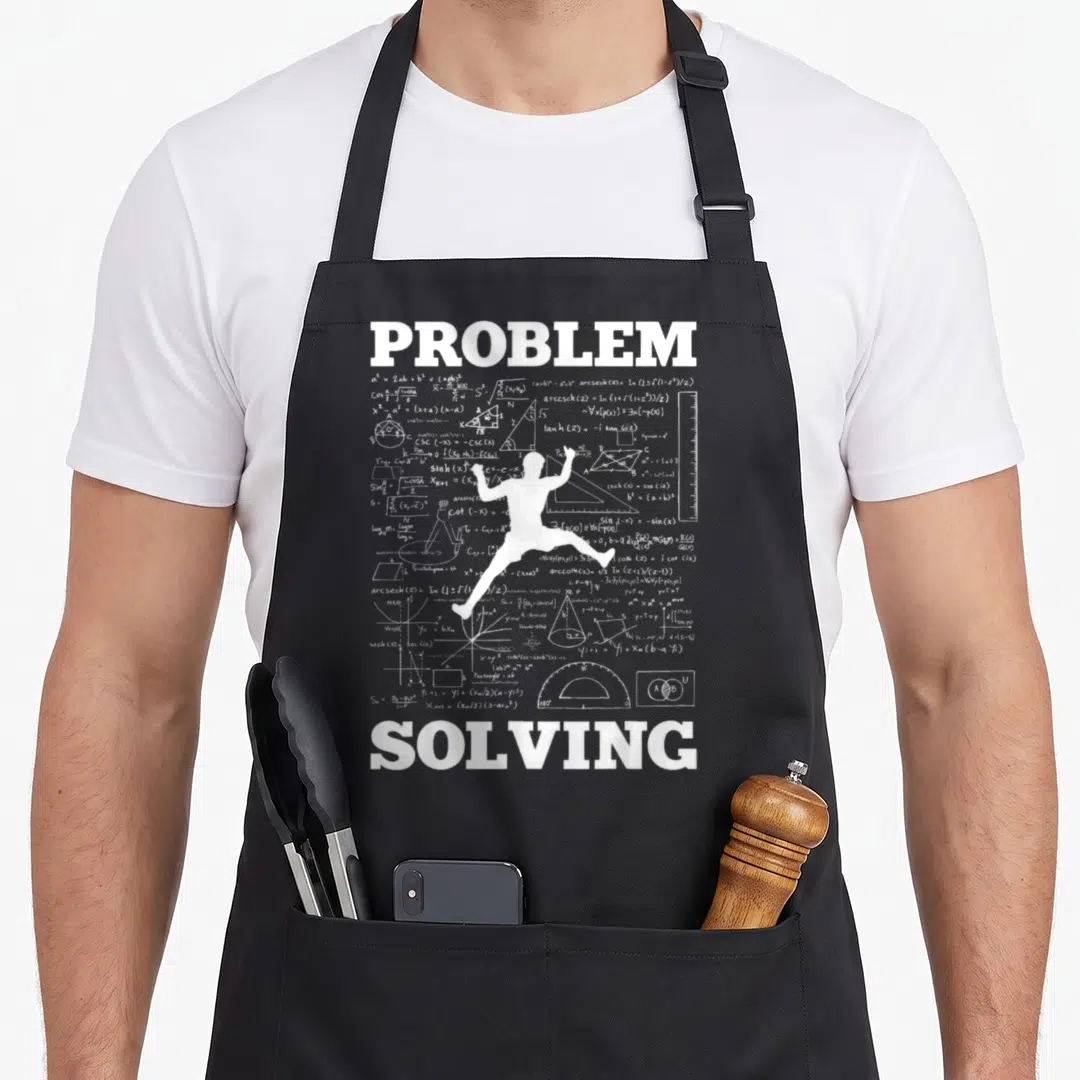 Solving bouldering apron - White person silhouette surrounded by math formulas between PROBLEM and SOLVING text — shown on a black cotton canvas apron against a white background
