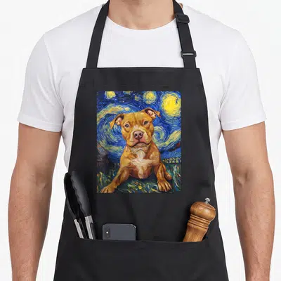 Pitbull van gogh apron - Brown dog lying on grass under blue yellow swirling starry night sky watercolor art — shown on a black cotton canvas apron against a white background