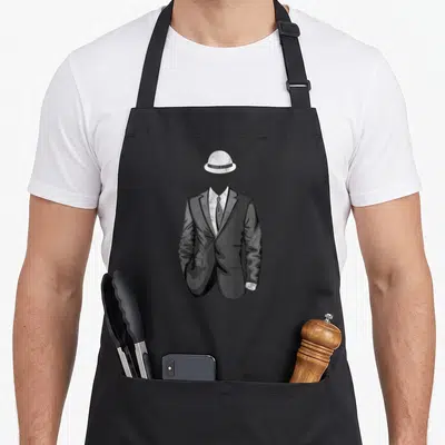 Hat cybersecurity apron - White bowler hat floating above a headless grey suit with white shirt and tie — shown on a black cotton canvas apron against a white background