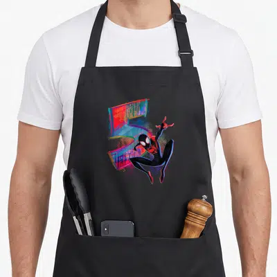 Morale birthday apron - Spider-Man in black red and blue suit over glitch art number five — shown on a black cotton canvas apron against a white background