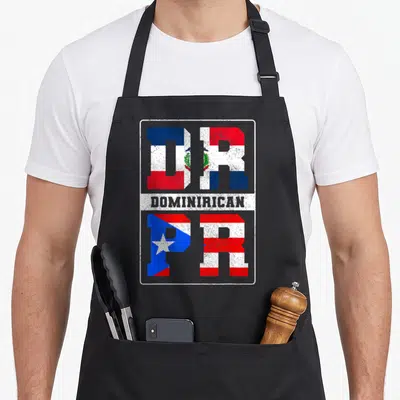 Rican dominican pride apron - DR and PR letters filled with flags separated by DOMINIRICAN text in distressed style — shown on a black cotton canvas apron against a white background