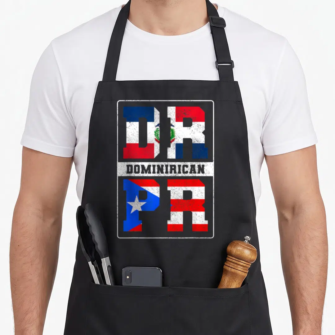Rican dominican pride apron - DR and PR letters filled with flags separated by DOMINIRICAN text in distressed style — shown on a black cotton canvas apron against a white background