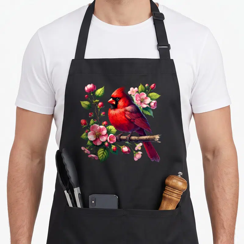 Birdwatcher the floral apron - Realistic red cardinal perched on brown branch surrounded by pink flowers and green — shown on a black cotton canvas apron against a white background