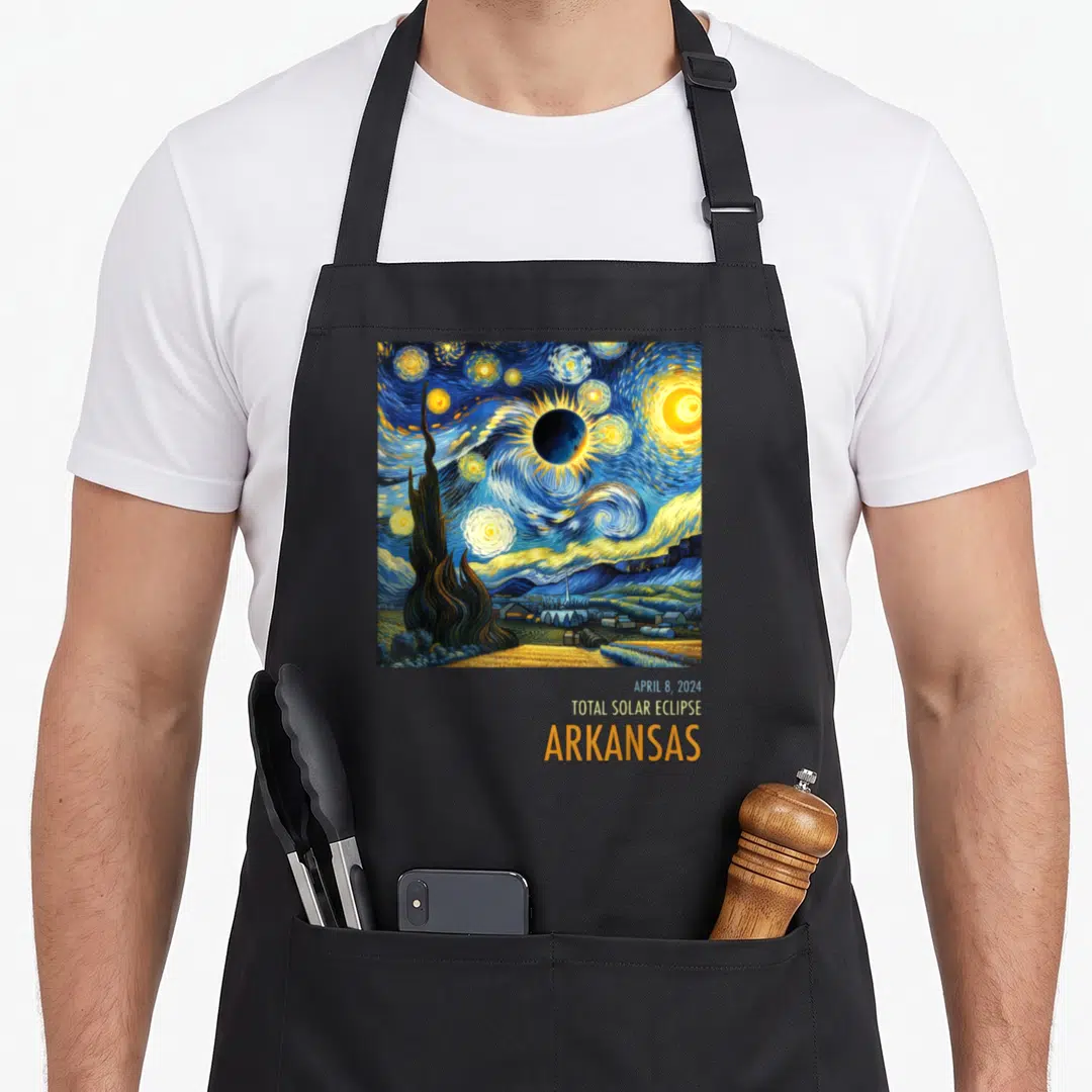 Total arkansas apron - Starry Night style solar eclipse painting with April 8 2024 Total Solar Eclipse Arkansas text — shown on a black cotton canvas apron against a white background