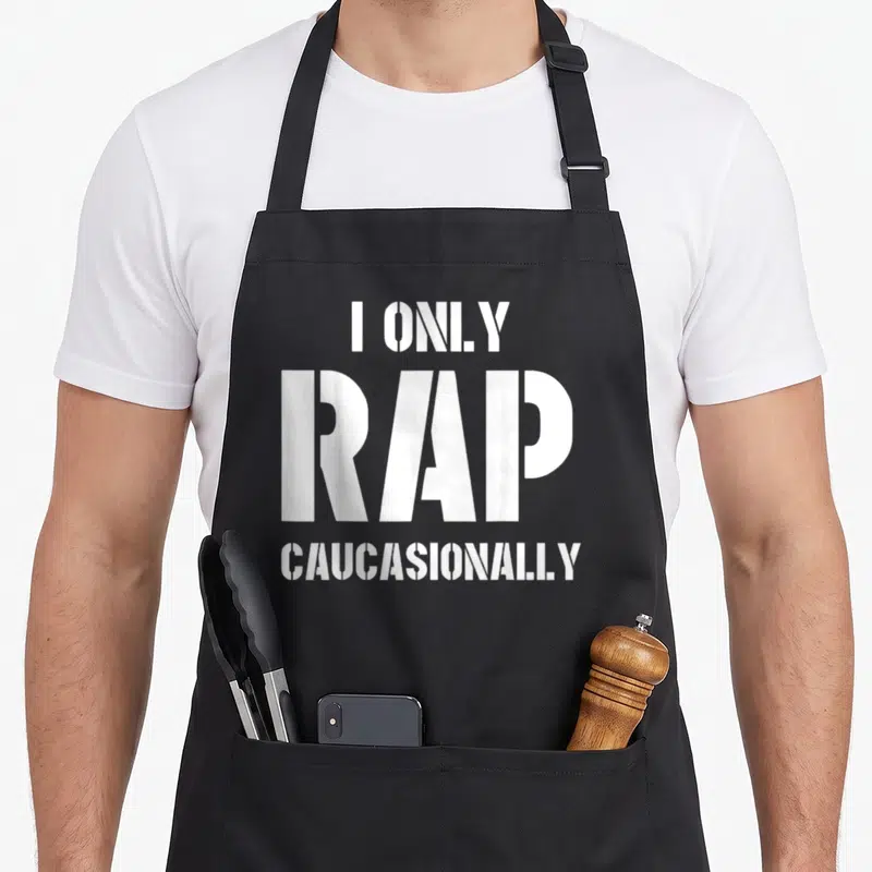 Rap apron or apron - White stencil text reading I Only Rap Caucasionally stacked vertically — shown on a black cotton canvas apron against a white background