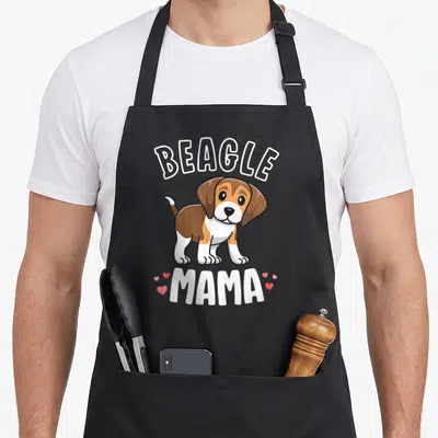Beagle dog mom apron - Cartoon brown and white beagle puppy with arched BEAGLE text and MAMA below flanked by red hearts — shown on a black cotton canvas apron against a white background