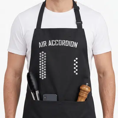 Funny air accordion apron - Arched AIR ACCORDION text above two vertical columns of white distressed circles — shown on a black cotton canvas apron against a white background