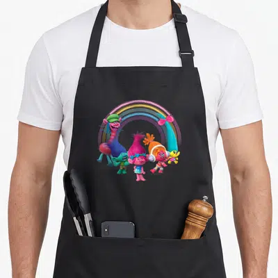Troll rainbow apron - Five Trolls characters clustered under a rainbow arch in pink, blue, yellow, and orange — shown on a black cotton canvas apron against a white background