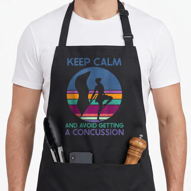 Avoid talent show apron - Retro dancer silhouette with KEEP CALM text and colored stripes — shown on a black cotton canvas apron against a white background
