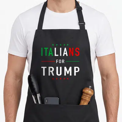 Trump italian apron - Stacked text ITALIANS FOR TRUMP in green white and red with five green stars above and five red — shown on a black cotton canvas apron against a white background