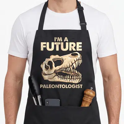 Paleontologist dinosaur apron - Realistic beige dinosaur skull with I'm A Future Paleontologist text on black bib — shown on a black cotton canvas apron against a white background