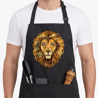 Majestic lion apron - Realistic illustration of a lion head in orange, yellow, and brown colors — shown on a black cotton canvas apron against a white background