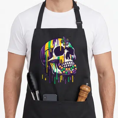 Dripping fat chef apron - Cartoon skull with purple yellow green drips, fleur-de-lis top, beads on teeth — shown on a black cotton canvas apron against a white background