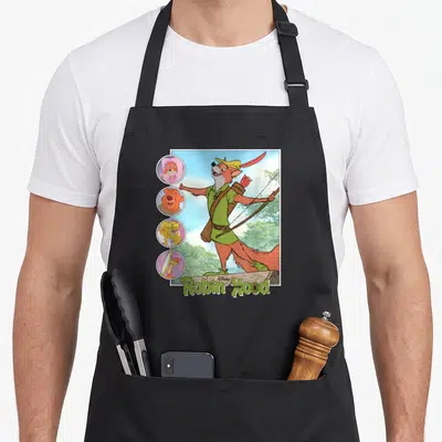 Hood crazy robin man apron - Orange fox archer with Robin Hood text and four character portraits — shown on a black cotton canvas apron against a white background