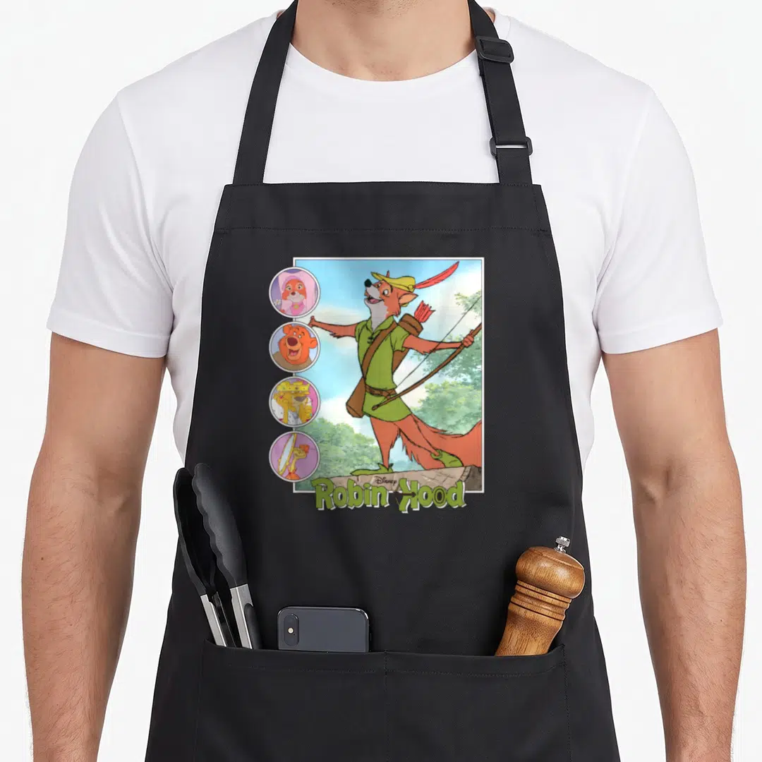 Hood crazy robin man apron - Orange fox archer with Robin Hood text and four character portraits — shown on a black cotton canvas apron against a white background