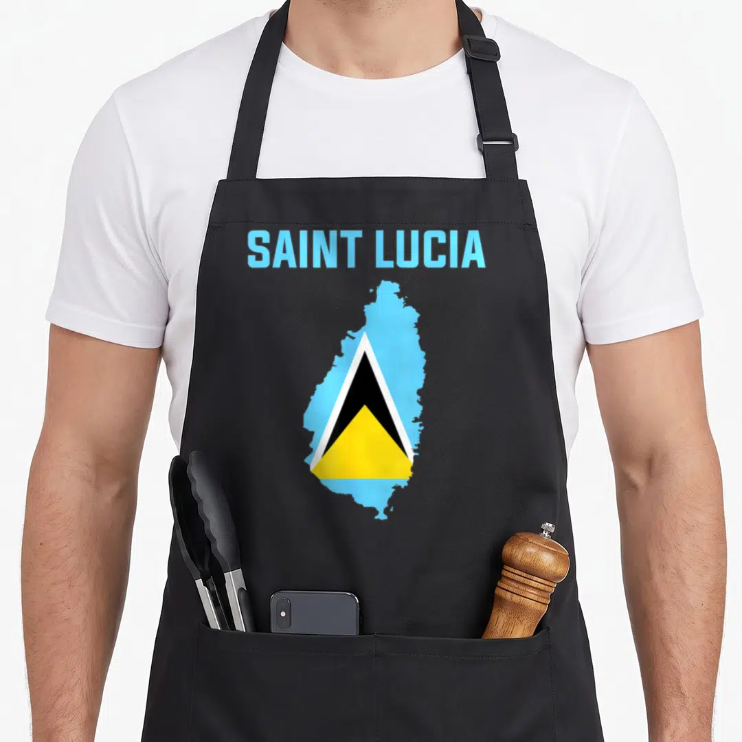 Saint mash mosh apron - Map of Saint Lucia filled with flag colors and blue text at top — shown on a black cotton canvas apron against a white background