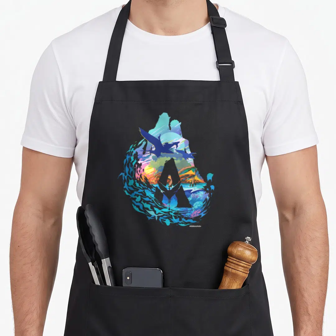 Avatar movie poster apron - Three blue dragons flying in a circular splash design with mountain and sun in orange — shown on a black cotton canvas apron against a white background