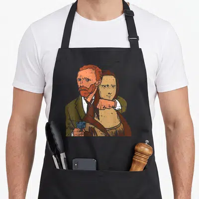 Mona van gogh apron - Retro man with orange skin holding blue gun behind tan woman in olive jacket — shown on a black cotton canvas apron against a white background