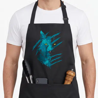 Forest predator apron - Stylized wolf head in blue teal and yellow with jagged shard-like edges — shown on a black cotton canvas apron against a white background