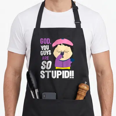 Wendy stupid aprons - Cartoon girl pinching nose next to stacked text GOD YOU GUYS ARE SO STUPID in purple and white — shown on a black cotton canvas apron against a white background