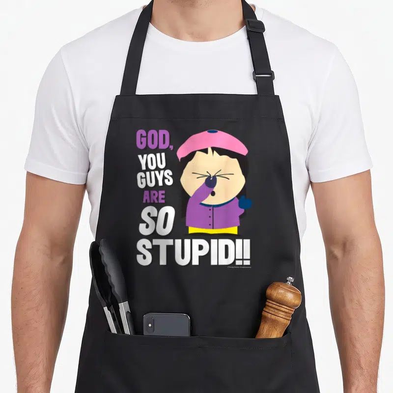 Wendy stupid aprons - Cartoon girl pinching nose next to stacked text GOD YOU GUYS ARE SO STUPID in purple and white — shown on a black cotton canvas apron against a white background