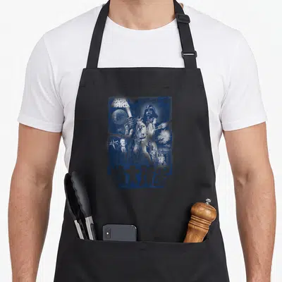 Chinese distressed apron - Blue monochrome Star Wars character collage with large stylized Chinese text at the bottom — shown on a black cotton canvas apron against a white background