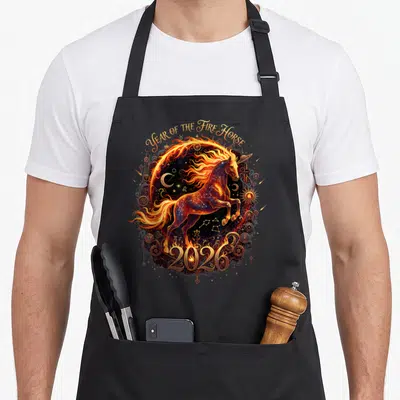 Lunar horse apron - Flaming horse with celestial symbols and Year of the Fire Horse 2026 text in gold and orange — shown on a black cotton canvas apron against a white background