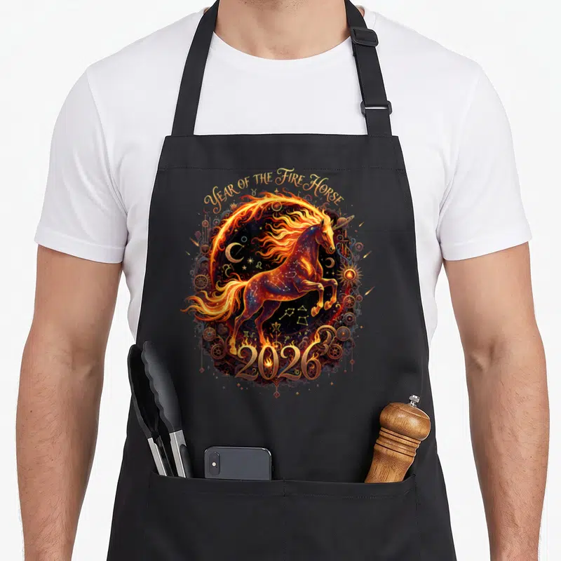 Lunar horse apron - Flaming horse with celestial symbols and Year of the Fire Horse 2026 text in gold and orange — shown on a black cotton canvas apron against a white background