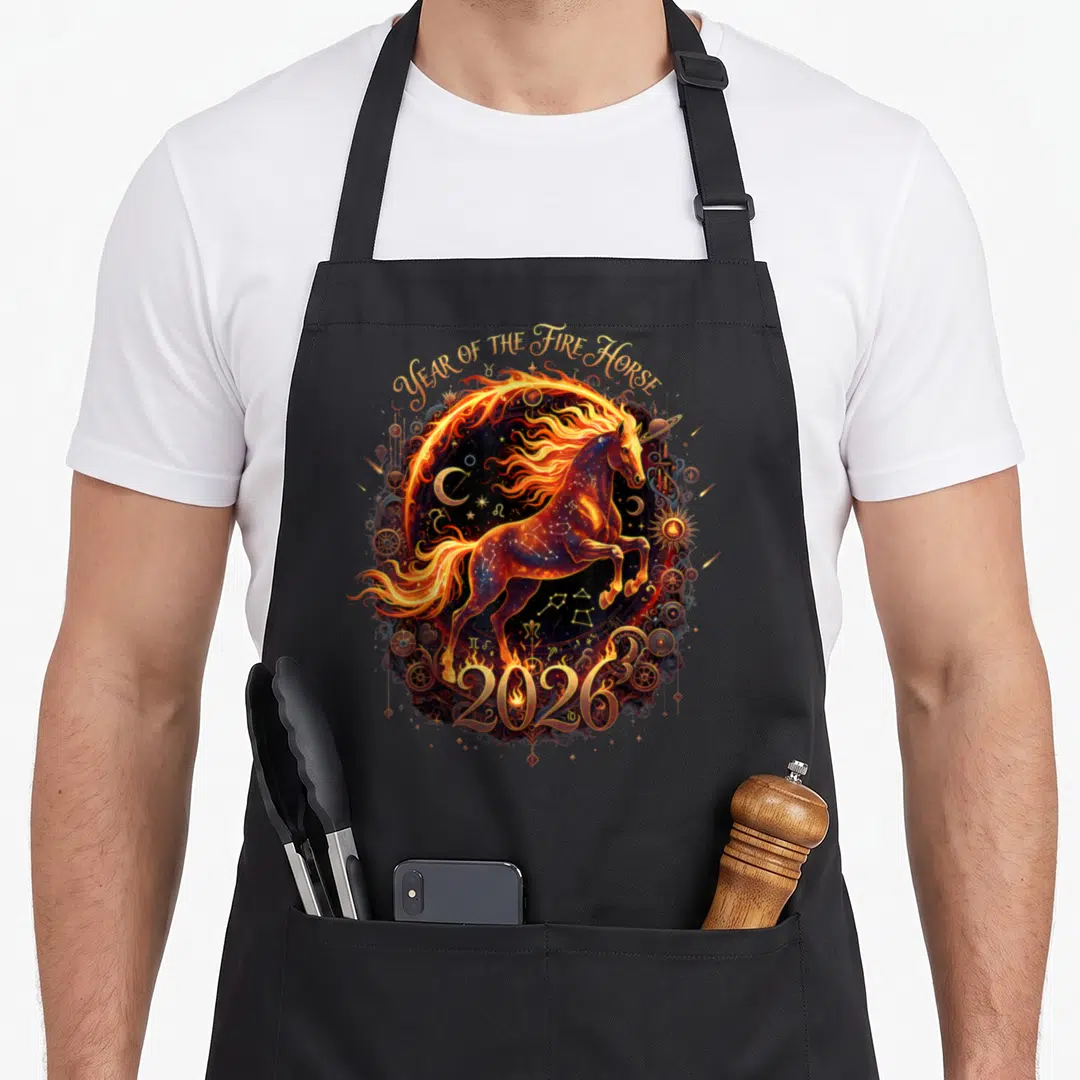 Lunar horse apron - Flaming horse with celestial symbols and Year of the Fire Horse 2026 text in gold and orange — shown on a black cotton canvas apron against a white background