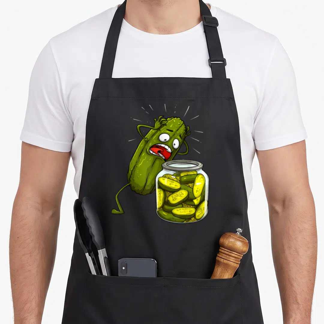 Jarr pickle apron - Cartoon pickle panicking next to a jar of sliced dill pickles — shown on a black cotton canvas apron against a white background
