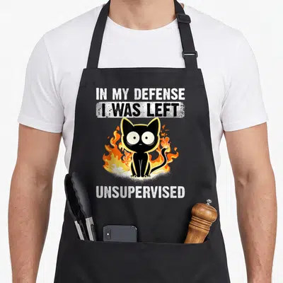 Cat left apron - Black cat sitting in front of orange flames with text In My Defense I Was Left Unsupervised — shown on a black cotton canvas apron against a white background