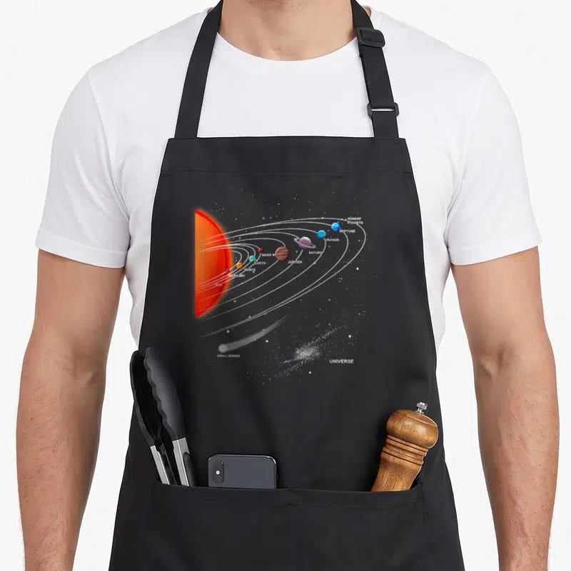 Astronomy space planets apron - Solar system diagram with Sun, planets, and white orbit lines labeled Dwarf Planets — shown on a black cotton canvas apron against a white background