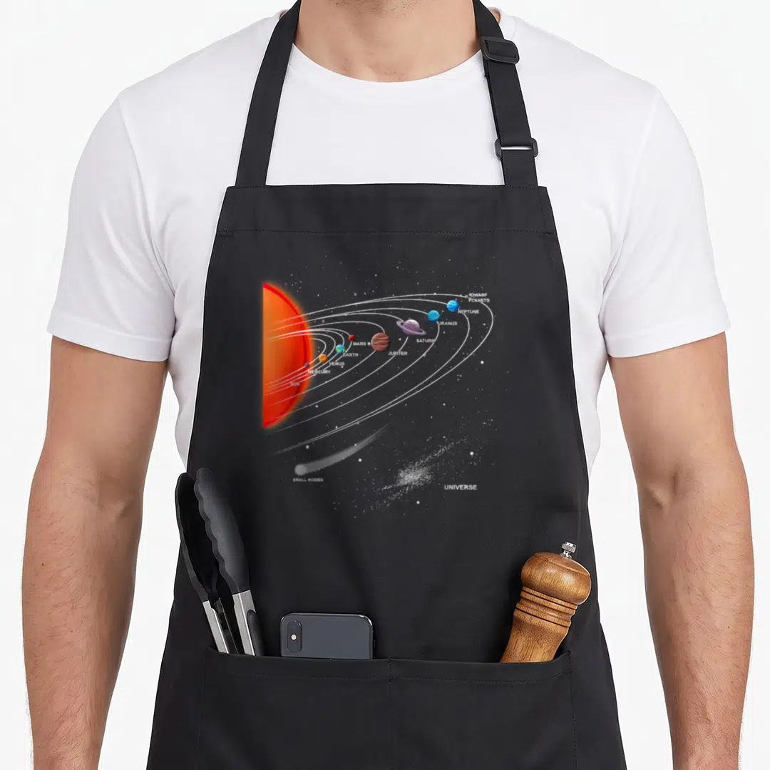 Astronomy space planets apron - Solar system diagram with Sun, planets, and white orbit lines labeled Dwarf Planets — shown on a black cotton canvas apron against a white background