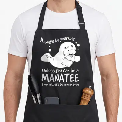 Alway manatee lover apron - White cartoon manatee surrounded by bubbles and text about being a manatee — shown on a black cotton canvas apron against a white background