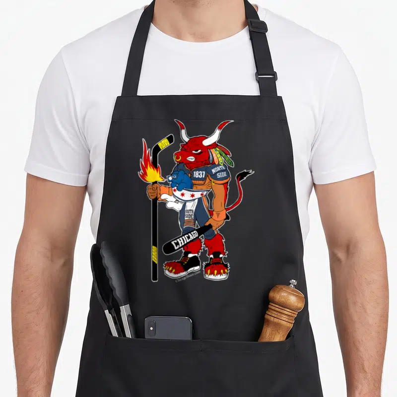 Creatureopolis chicago apron - Red bull holding flaming stick and blue bear with Chicago neighborhood text — shown on a black cotton canvas apron against a white background