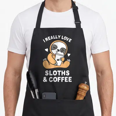 Sloth coffee apron - Cartoon tan sloth holding white cup with text I really love sloths & coffee — shown on a black cotton canvas apron against a white background