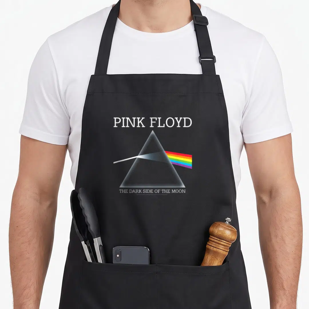 Floyd novelty apron - Pink Floyd prism with rainbow spectrum and album title text on grey background — shown on a black cotton canvas apron against a white background